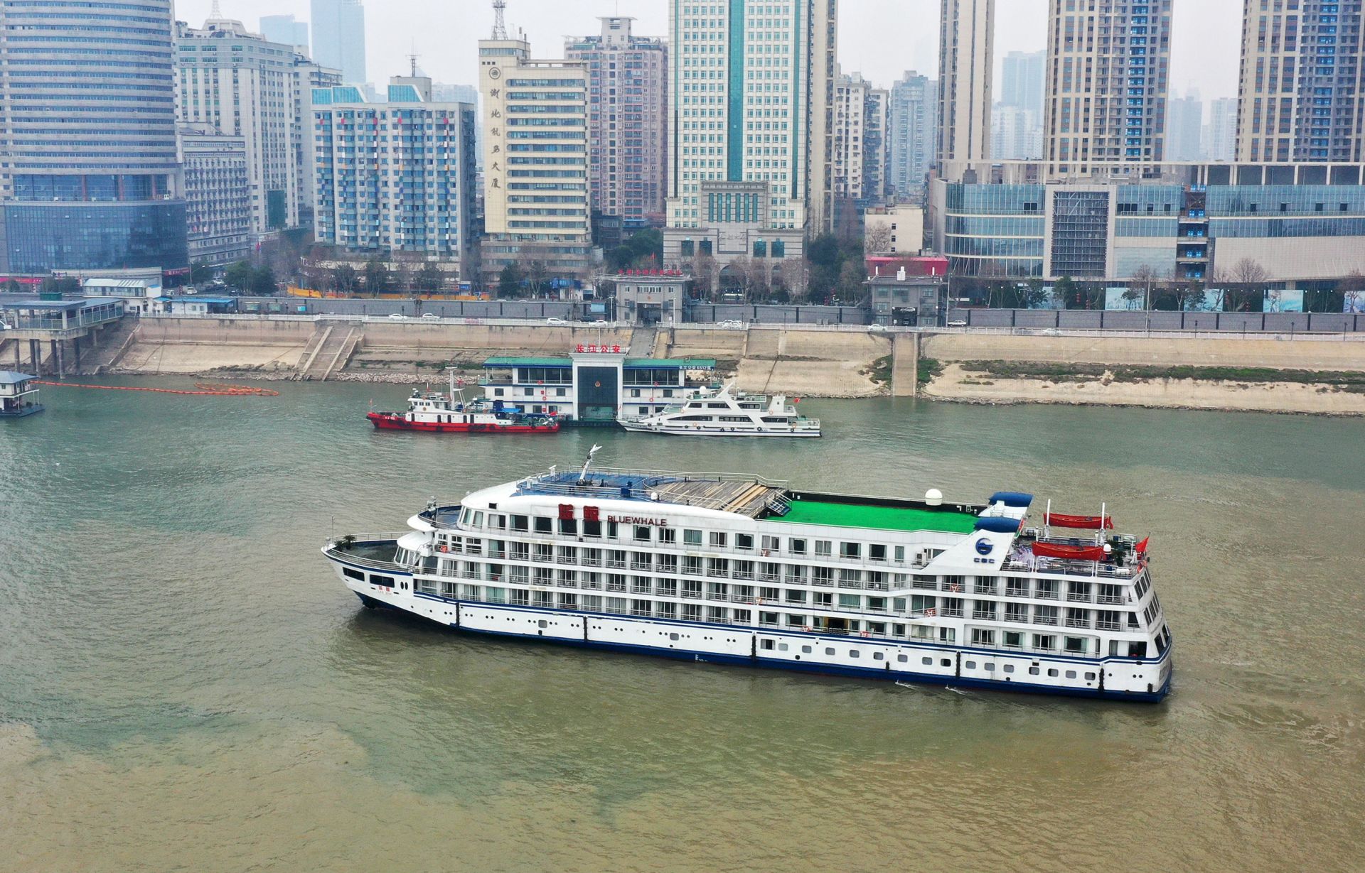 首艘支援武汉的"蓝鲸"号游轮抵达武汉